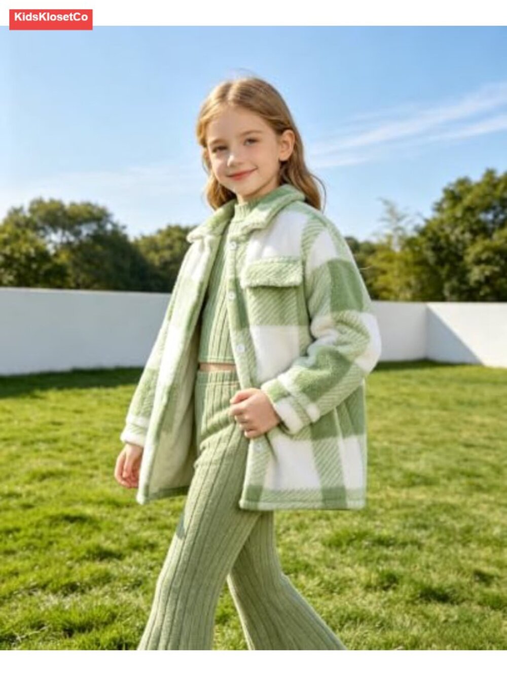 Girls 3 Piece Plaid Jacket Rib Knit Top Flare Pants Tween Outfit 7-14Y - Picture 5 of 6
